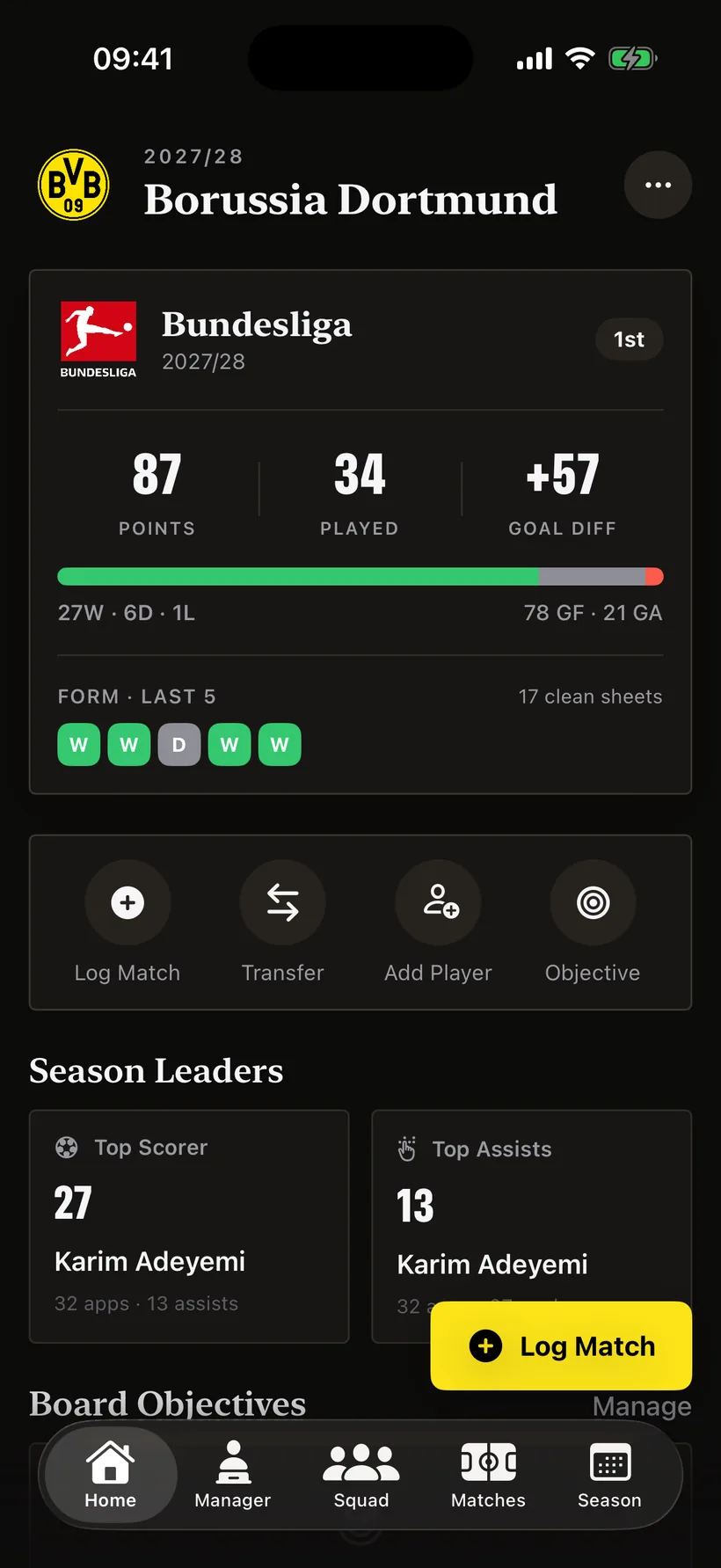 The Pitchside home dashboard with league position and form