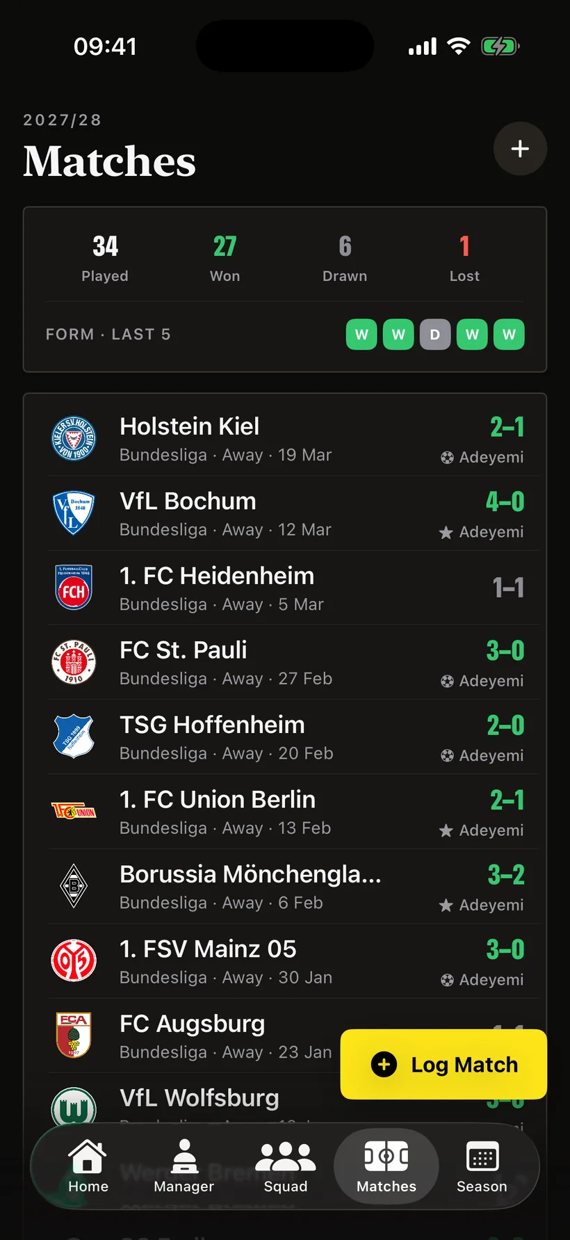 A full Bundesliga season of results in Pitchside, with scorers and form