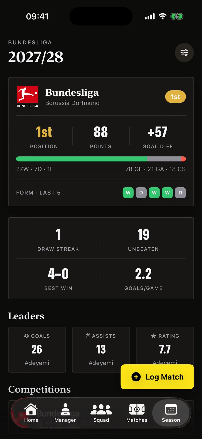 The Season tab in The Pitchside with league standing and season pulse